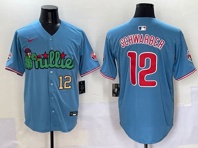 Men Philadelphia Phillies #12 Schwarber Light Blue three generations Joint Name Nike 2025 MLB Jersey style 3